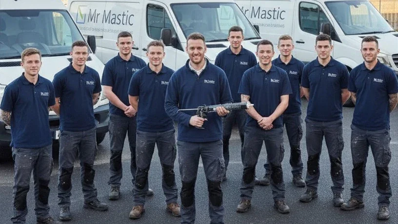 The Mr Mastic team in navy uniforms in front of three Mr Mastic vans